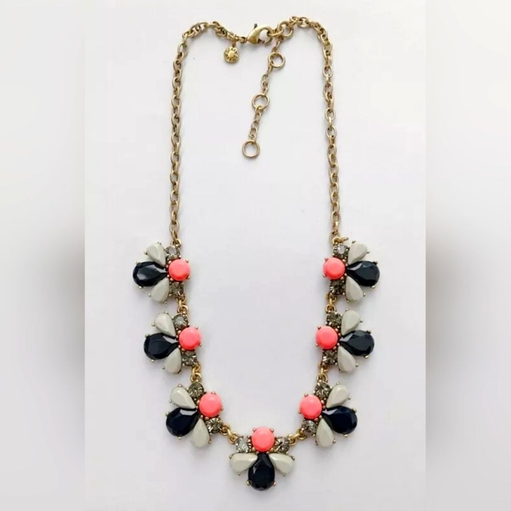 J CREW GOLD TONE NAVY GREY FLUORESCENT ORANGE CUT CRYSTAL 17"-20" NECKLACE NWOT
